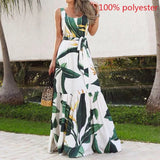 Print Bohemian Long Dress Celmia Women 2022 Summer Elegant Sleeveless Beach Maxi Sundress Casual Belted Party