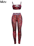 Kliou Mesh Printing Two Piece Set Women Sexy Cut Out Cleavage Camisole+Mid Waist Color Blocking Pants High Streetwear Lady