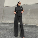 Woherb 2023 Summer New Thin T-Shirt High Waist Blue Pleated Floor Pants Casual Women's Fashion Suit-Outfit