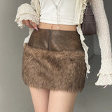 Brown Low-Waisted Umbilled Zip Hair Short Skirt Autumn And Winter New Babes Leather Splicing Bag Hip