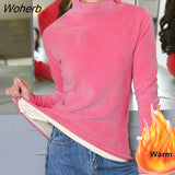 Warm Basic Soft Velvet T-shirts Women Fall Winter Turtleneck Jumper Velvet Lined Tops Casual Long Sleeve Slim Velour Tee-Outfit