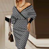 Elegant Women Dress 2021 Autumn Fashion Long-sleeved Sexy Deep V Neck Slim Party Dresses Vintage Printed Ladies Dress