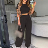 Elegant Women Two Piece Set Fashion O-Neck Slim Tops And Wide Leg Pants Suits For Ladies Casual Floral Print Chic