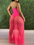 Fashion Women Mesh Maxi Dress Robes Beachwear Off Shoulder Leaf Print Tube See-through Pleated Long Party Club