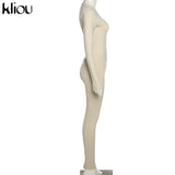 Kliou Solid Concise Two Piece Set Women Skinny Bodycon-shaping Crew Neck Bodysuit+High Waist Slim Sporty Leggings
