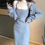 Piece Set Women Autumn 2021 Korean Slim Knitted Cardigan Coat+sexy Bodycon Strap Dress Office Lady Sashes Casual Sweater Set-Outfit