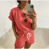 Summer Women's Suit Two Pieces Tracksuit Short Sleeve Sports Suits Women 2021 Casual Tracksuits Elastic Waist Lady