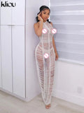 Kliou Mesh Stacked Maxi Dress See Through Sexy Women New Fashion Sleeveless Backless Spaghetti Strap Female Clubwear