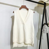 V-Neck Knitted Vest Autumn Casual Sleeveless Solid Sweater Vest Korean Preppy Winter Loose Split Lady Jumper Tops