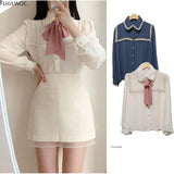 2020 Autumn Women's Cute Bow Tie Tops Preppy Style Vintage Japaneses Korea Design Button Elegant Formal White Shirts