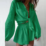 Women's Casual Pure Color Lotus Leaf Side Shorts Shirt Fashion Set Women's