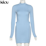 Kliou Knitted Stitching Mini Dress Women Hipster Skinny Three-Dimensional Decoration Bodycon Long Sleeve Turtleneck