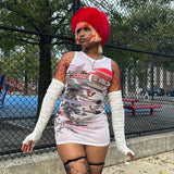 2024 Summer Women Sleeveless Dresses Slim Bodycon Printed Mesh Sexy Mini Dress Streetwear Pullover O Neck Clothing-Outfit