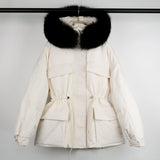 Large Natural Raccoon Fur Hooded Winter Jacket 90% White Duck Down Coat Women Puffer Fluffy Parkas With Belt Snow