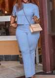 Plus Size Casual Solid Round Neck Short Sleeve And Pant 2 Piece