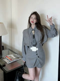 Grey Shirts + Skirt + Tie + Vest Suit Female 2022 Spring Dress Ladies Knitted Vests Layered Shirt Royal Sister Three-piece