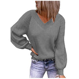 Woherb And Winter New Large Size Loose Sweater V-Neck Pure Color Pullover Sweater Female-Outfit