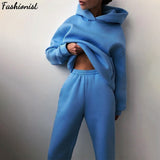Autumn Winter Two Piece Set For Women Tracksuit Harajuku Hooded Sweatshirt And Elastic Waist Long Pant 2021 Solid