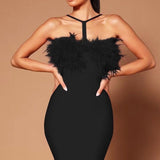 Hanging Neck Splicing Feather Brated Butt Dress Party Dress
