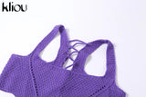 Kliou Knitted Two Piece Set Women Skirt Elegant Classy Back Criss Cross Bandage Camisole Top+Ribbons Hollow Out Female