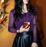 Spring Plus Size Bright Silk Prom Party Women T Shirt Transparent Sleeve Round Neck Spring Female Tee