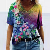 3D Floral Print T-shirts Women Fashion Short Sleeve Loose Tops Casual V-neck High Street Tee Plus Size Top