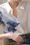 Ink Printing Chiffon Shirt Women Turn-down Collar Long Sleeve Silk Satin Blouse Women Fashion Korean Casual Shirts 21808-Outfit
