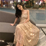 Sexy Backless Women Dress Summer Sequins Hollow Design Female Maxi