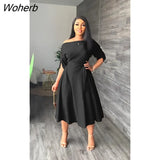 Summer Off The Shoulder A-line Dress Women Fashion Elegant Office Ladies Slash Neck Half-sleeve Lace-up Dress Women-Outfit