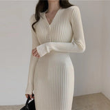 Winter Elegant Fashion V-neck Sweater Bodycon Dress Ladies Solid Simple Casual Slim Knitting Dresses Midi Robe Vestidos-Outfit