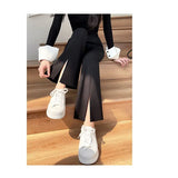 Woherb Suit Bell Bottom Pants Children 2024 Autumn New High Waist Show Thin Feeling Pants Slit Casual Micro Pants-Outfit