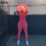 Kliou solid turtleneck full sleeve jumpsuits classic one piece women fitness slim rompers zipper long overall skinny