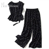 Summer New Fashion Chiffon Women Sets Polka Dot Blouse And Elastic Waist Pants Female