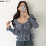 Chic Korea Off Shoulder Tops Blusas Women 2021 Spring Solid Color Bow Tie Slim Waist A Line Belly Peplum Short Shirts