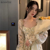 Sleeve Dresses Women French Style Floral Aesthetic Chiffon Autumn Students Square Collar Elegant Tender Casual Stylish