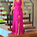 Elegant Satin Party Dress Women Fashion Sexy Suspenders Ruffled Slit Maxi Dress Women-Outfit