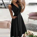 Summer Vintage Dress Women Deep V Neck Sleeveless Solid Boho Beach Holiday Dresses For Women Pocket Sexy Dress Plus