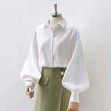 Women Lantern Sleeve Loose Turn-down Collar Simple Solid Feminino Blouses Minority Korean Style Autumn All-match