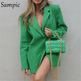 Fashion Long Green Casual Loose Oversized Blazer Coat Jacket For Woman 2021 Outwear Autumn Winter Long Sleeve Blazer