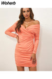 Spring Fashion Off Shoulder Sexy Wrap Dresses Bodycon Club Party Outfits Long Sleeve Mini Dress Birthday Vestidos 601-0-Outfit