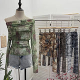 Tie-Dye-Print Mesh Folded Long-Sleeved T-Shirt With A Word-Collar Slanted Shoulder-To-Back Short Top