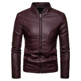 Men's Fashion Stand Collar Jacket Men Autumn Winter Pu Jacket New Leather Coat Slim Long Sleeve Solid Color-Outfit