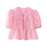 New Bubble Cuff Lace-Up Solid Color Short Blouse 1213835-Outfit