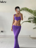 Kliou Knitted Two Piece Set Women Skirt Elegant Classy Back Criss Cross Bandage Camisole Top+Ribbons Hollow Out Female
