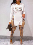 Casusal Letter Print Long Sleeve Slit Top And Plaid Pant 2 Piece