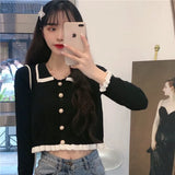Cardigans French Style Peter Pan Collar Patchwork Stringy Selvedge Fashion Pearls Single Breasted Tender Elegant Lady