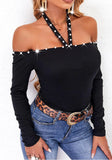 Sexy Black Beaded Halter Off Shoulder Long Sleeve