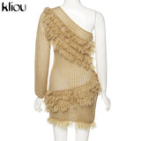Kliou Bohemian Style Dress Women Autumn Plaid Tassel Skirt Sexy See Through Inclined Shoulder Robe Party Knitted