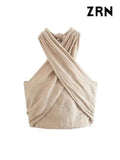 ZRN-Women's Cropped Halter Tank Tops with Bow Tied, Backless, Elastic, Side Zipper, Female Camis, Sexy, Fashion-Outfit