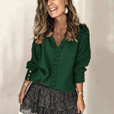 2025 New Lace V-Necked Jacket Sweater Lady Loose Long-Sleeved Solid-Colored